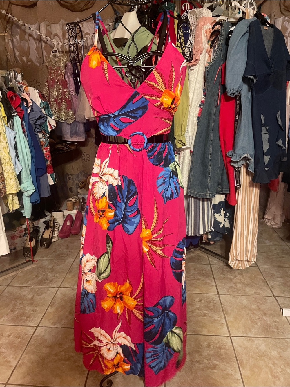 Hera Collection Fuchsia Tropical Floral Maxi Dress with Belt